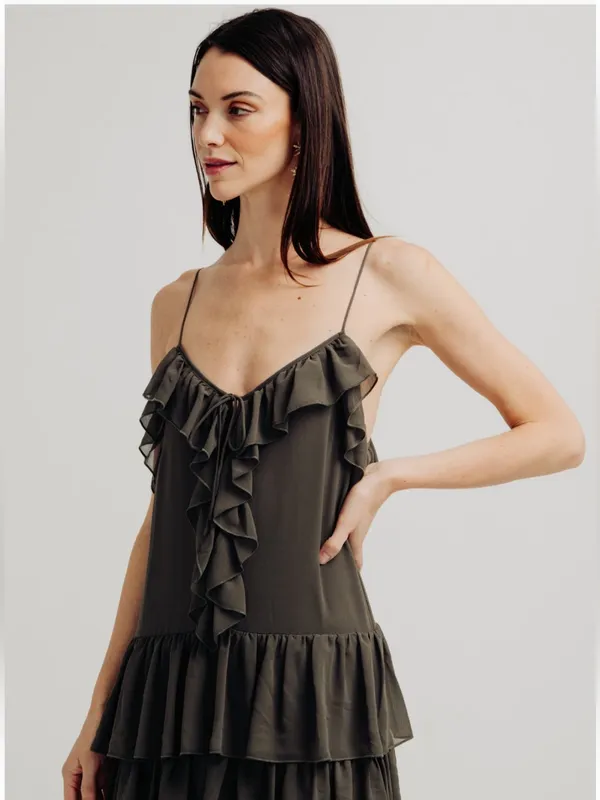 TORN BY RONNY KOBO Orcadia Tiered Ruffle Maxi Dress Dark Gray Size M NEW - Image 5