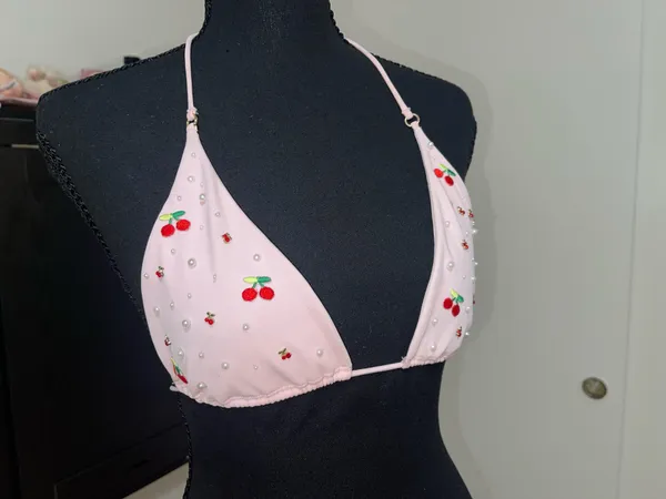 Pink cherry embellished triangle bikini top - Image 3