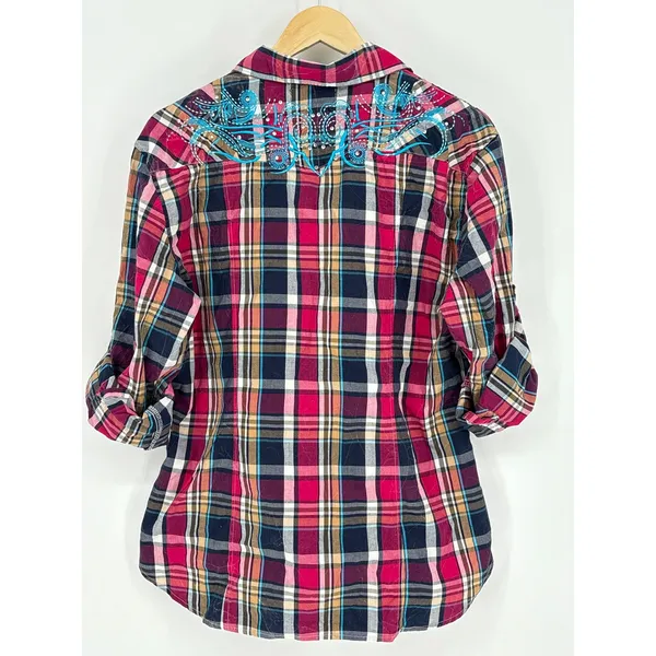 Rock‎ & Roll Cowgirl Embroidered Plaid Pearl Snap Western Shirt XL Rhinestone - Image 3