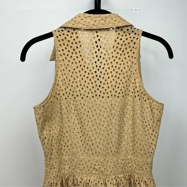 Ellen Tracy Eyelet Dress Womens 2P Tan Cotton Tiered Fit Flare Midi Shirt Dress - Image 4
