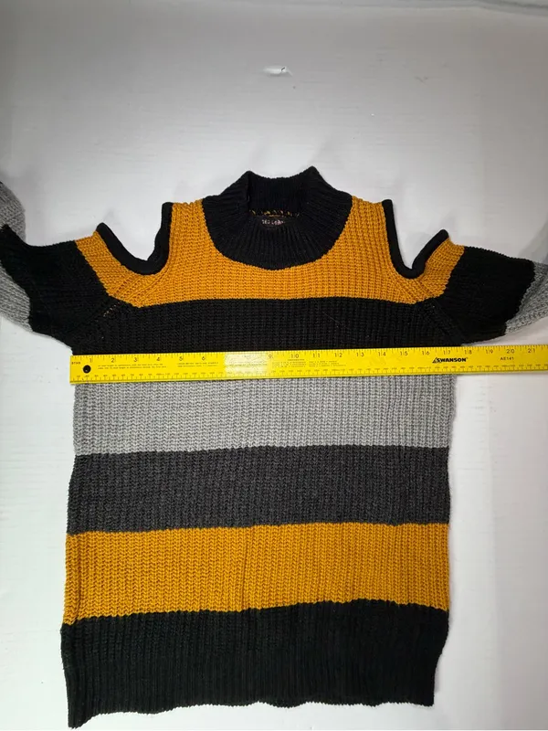 QED London Black, Gray & Mustard Striped Cold-Shoulder Turtleneck Sweater - Image 3