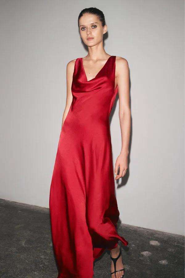 Zara Elegant Red Satin Long Dress Evening Party Gown - Image 5