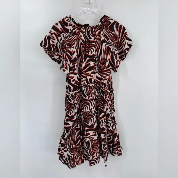 Anthropologie‎ Robin Tiered Brown Orange White Marble Animal Mini Dress small - Image 4