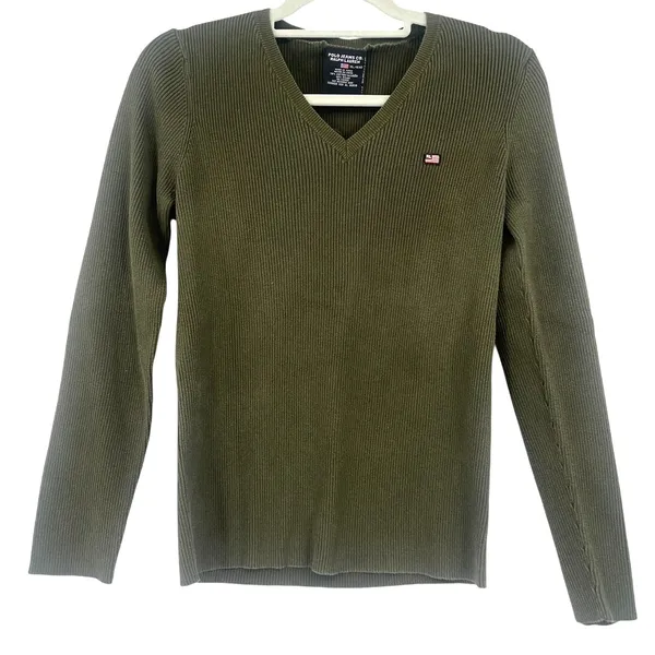Ralph Lauren Vtg Polo Jeans Y2K Womens Sweater Sz XL Olive Ribbed Preppy Quiet Luxury Flag - Image 2