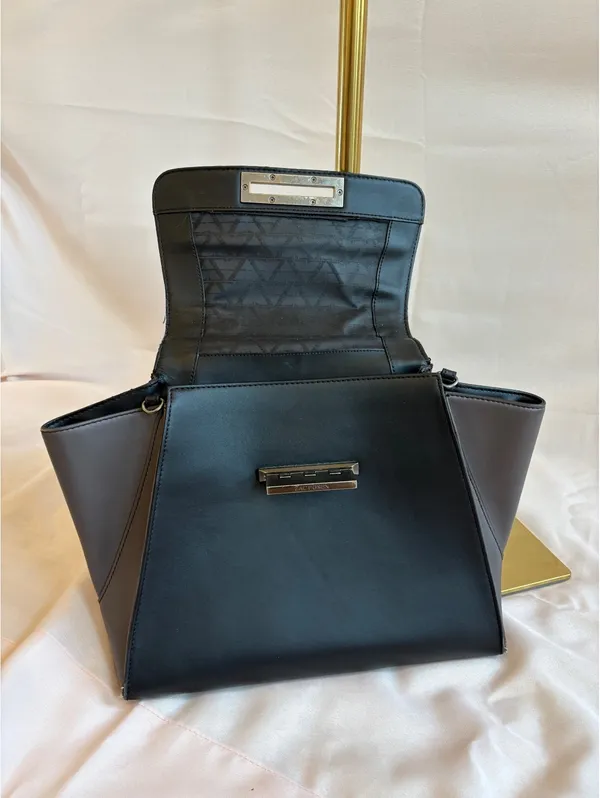 ZAC Zac Posen Black and Dark Brown Leather Structured Top Handle Bag with Detach - Image 8