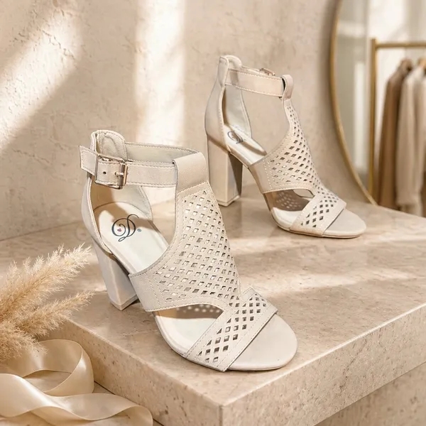 Dollhouse Beige Laser Cut Block Heel Sandals Size 5.5 - Image 2