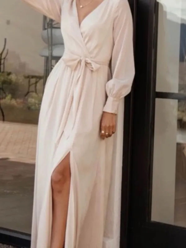 bohme Beige Wrap Maxi Dress with Waist Tie - Image 3