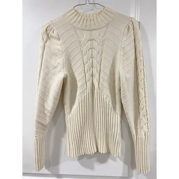 Marled Cream Cable Knit Mock Neck Sweater M Cozy Chunky Ribbed Winter Pullover - Image 10