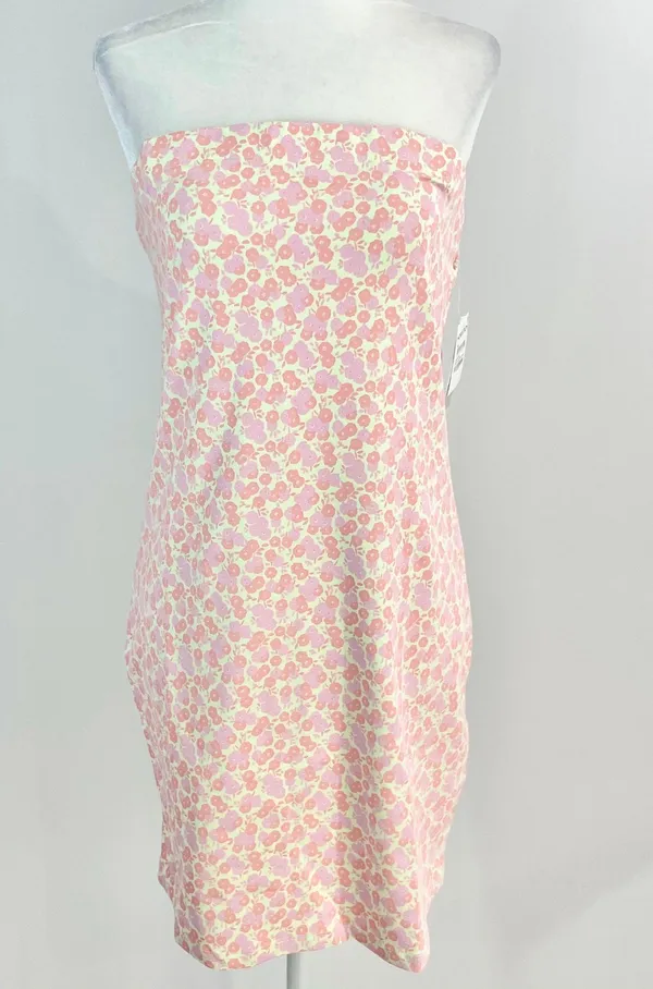 New Floral Print Knit Tube Dress Strapless Mini Green Pink - Image 6