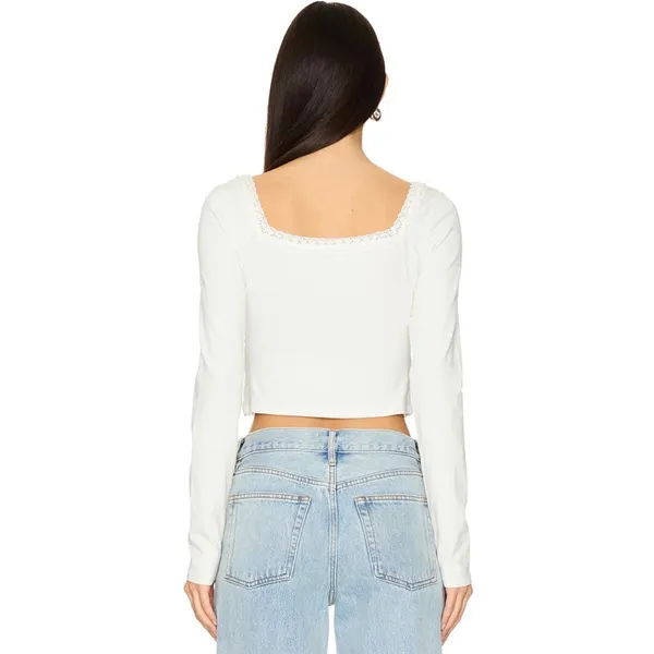 Free People White Lace Trim Milkmaid Crop Top Long Sleeve Square Neck Size Small - Image 3