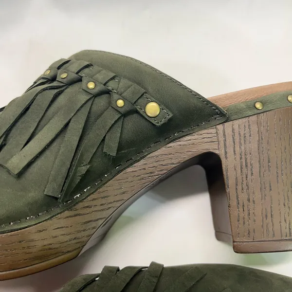 Dansko Fringe‎ Mules Sz 9 EU 42 Olive Green 3” heel New - Image 8