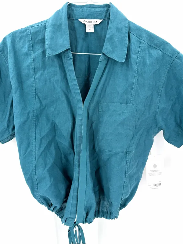 Athleta NWT Playa 100% Linen Tie Wrap Casual Athlesiure Short Sleeve Blouse Top - Image 4
