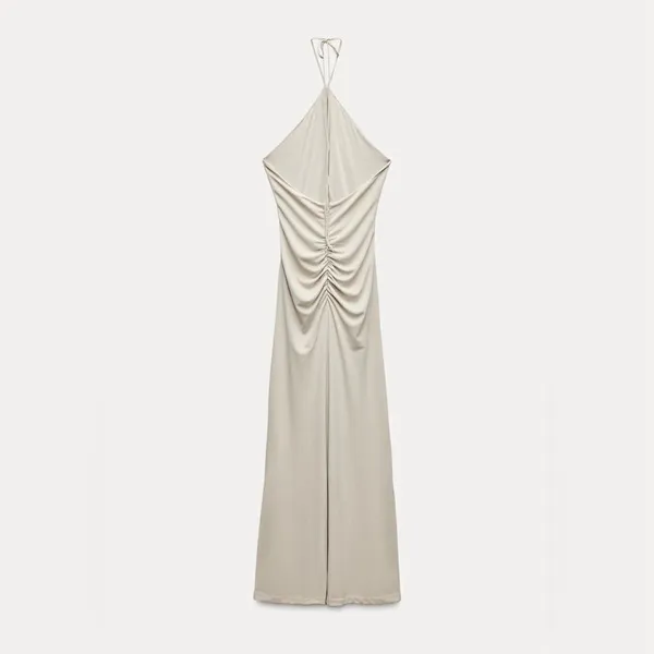 NEW Zara LONG Ruched Keyhole DRAPED HALTER Maxi DRESS Gown Size XS - Image 7