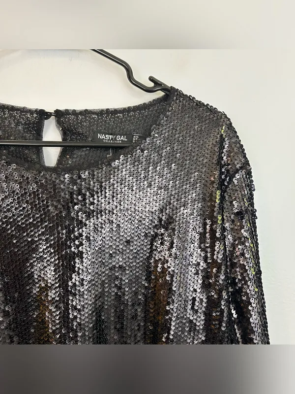 NWT Nasty Gal Black Sheer Sequin Long Sleeve Mini Shift Party Dress Size 18 - Image 5