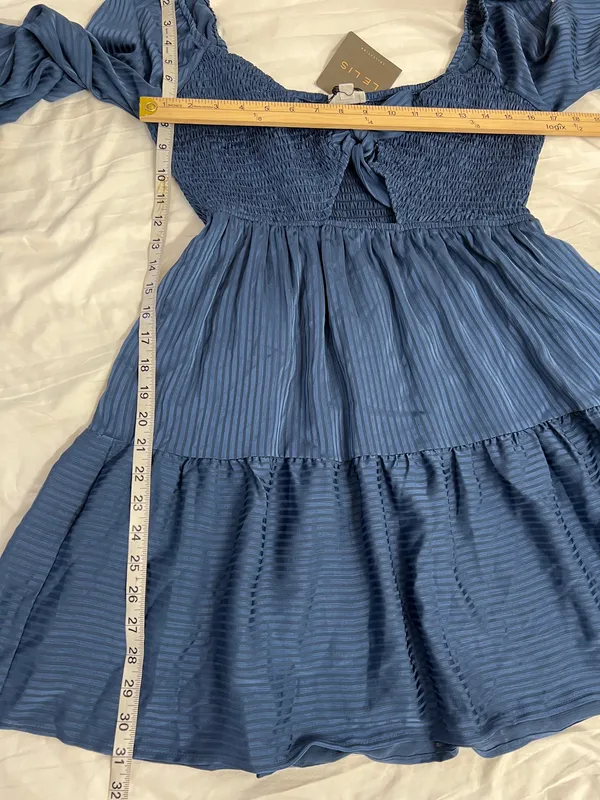 Le Lis Blue Smocked Babydoll Mini Dress Tie Front Boho size M - Image 8