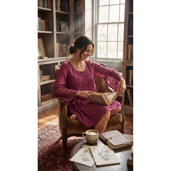 Frazzle Burgundy Lace Crochet Bell Sleeve Boho Mini Tunic Dress Large Wine Red - Image 10