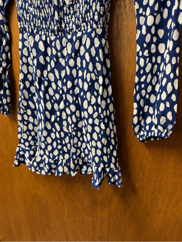 Reformation Rue Long Sleeve Mini Dress Crepe Spotted Lolita Blue White 0 - Image 6