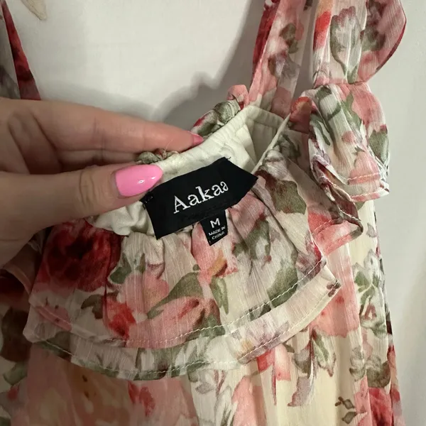 Aakaa Floral Tiered Babydoll Flounce Hem Mini Dress Pink Size Medium - Image 2