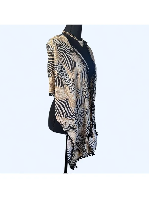 American Vintage Vintage Y2K Print Zebra Leopard Pom Pom Shawl Wrap Kimono Cover Up One Size 🤎 - Image 3