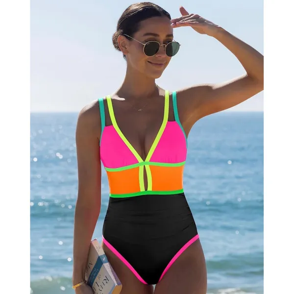 NWT Popvil Neon Color Block One Piece Swimsuit Tummy Control Cutout Large - Image 2