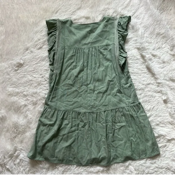New In Sage Green Pleated Mini Dress - Linen Blend - Ruffle Sleeve - Size M - Image 8