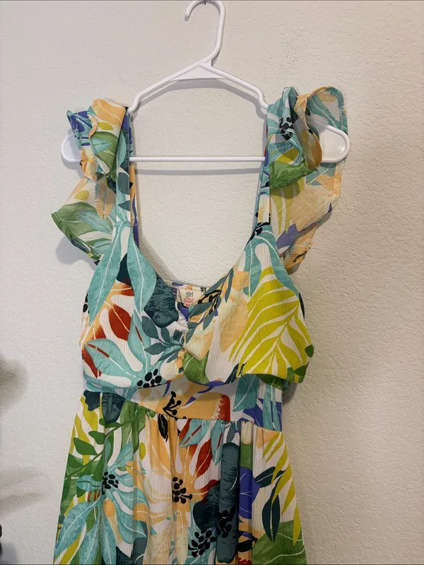 Medium ruffle sleeve Floral Tropical tiered Maxi Dress - Green Multi - Image 3