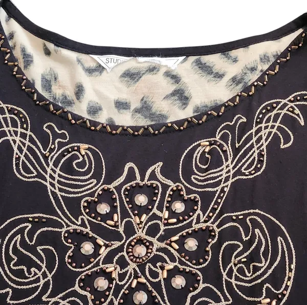 Studio X Y2K Leopard Beaded Embellished Tunic Top Shirt Black Large Boho - Image 3