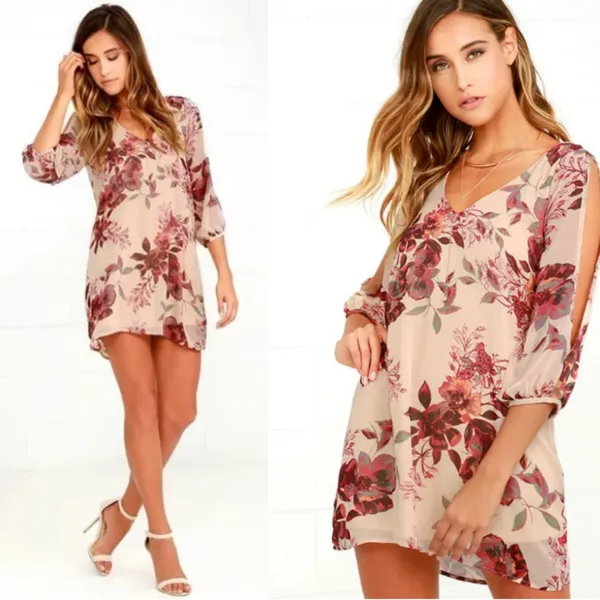Lulus Shifting Dears Floral‎ Shift Dress Cut Out Sleeve Beige Cream Mini Large - Image 2