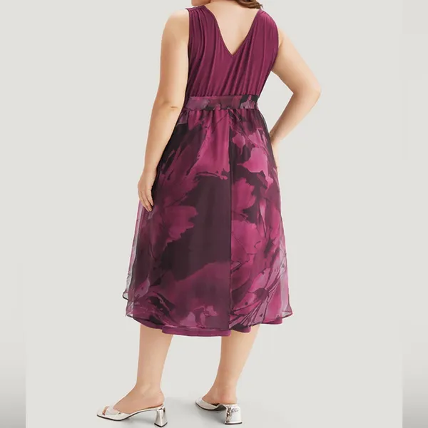 Red-Violet Floral Print Belted Pocket Sleeveless Dress-Large/12 - Image 2