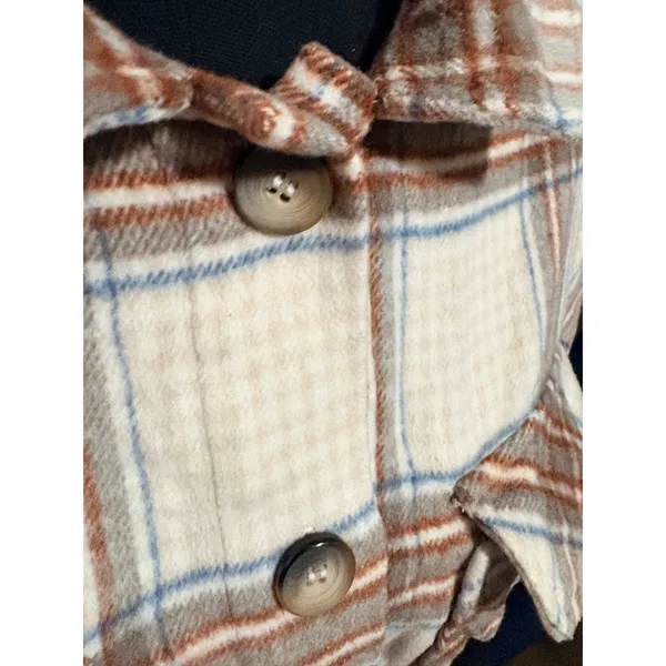 Timing Womens Plaid Oversized Shacket‎ Button Up Flannel Jacket Tan Blue L - Image 4