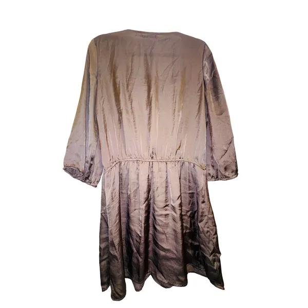 Ya Los Angeles Taupe Satin Blouson Mini Dress Macrame Embroidered Neck Boho Sz M - Image 4