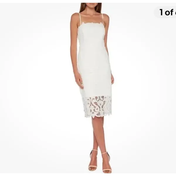 Bardot white lace midi dress Scalloped Vneckline with afitted sheath silhouette. - Image 2