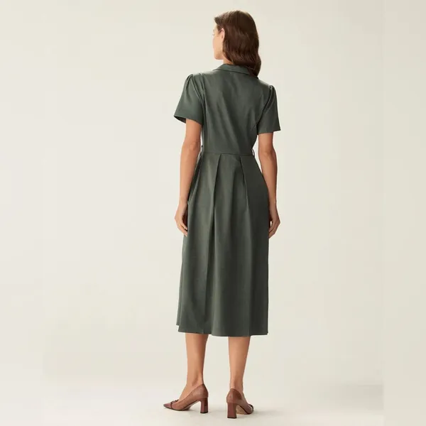 RIHOAS Green V Neck Pleated Button Midi Dress - Image 2