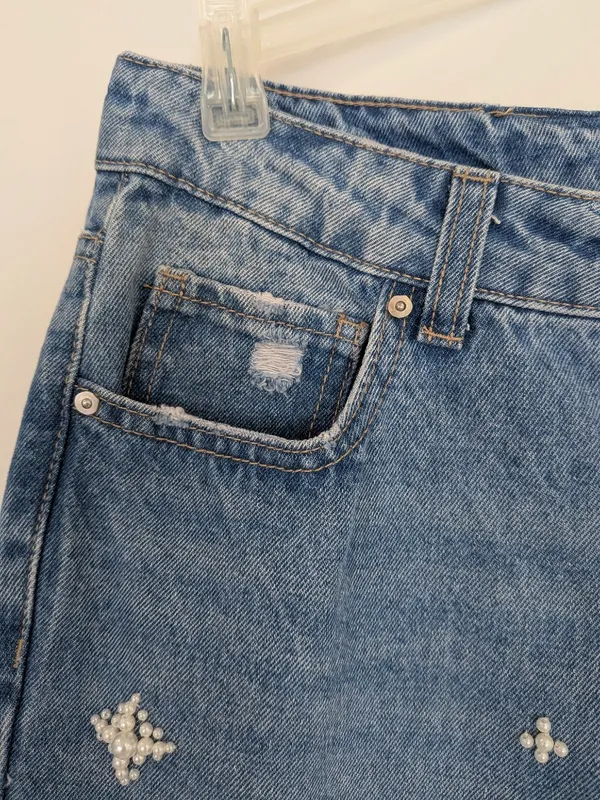 NWT Pearl Beaded Star Embellished Straight Leg Denim Jeans Sz 9 Medium Wash - Image 14