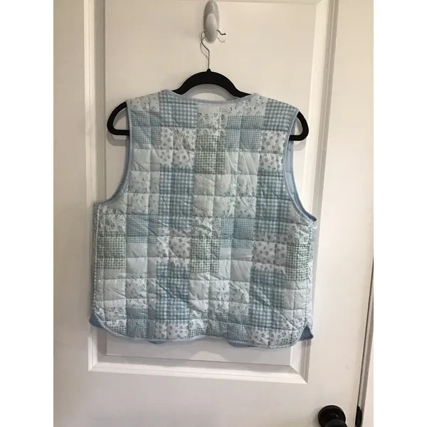 Stoosh Quilted Patchwork Tie Front Light Puffer Vest Blue Floral L - Image 2