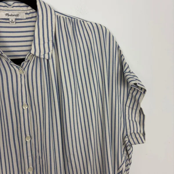 Madewell Central Shirt Dalton Stripe Blue Shirred Button Down Short Sleeve M - Image 4