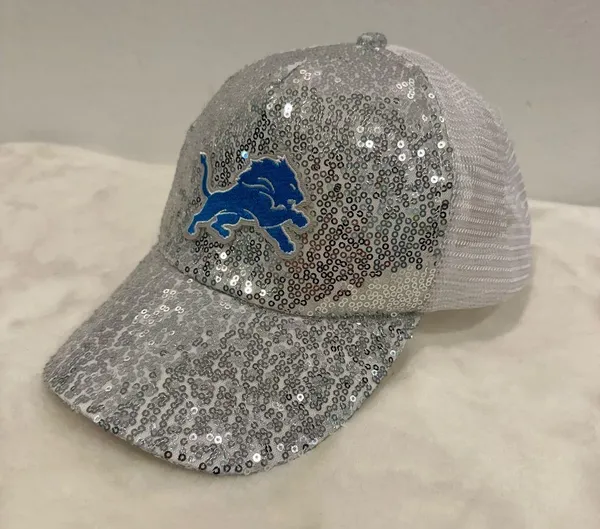 Detroit Lions logo hat! Glitter sequin trucker baseball cap! - Image 6