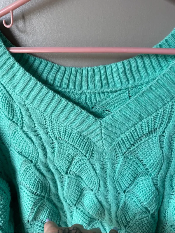 Mint Green Cable Knit V-Neck Sweater Coastal Cottagecore Soft Women’s - Image 5