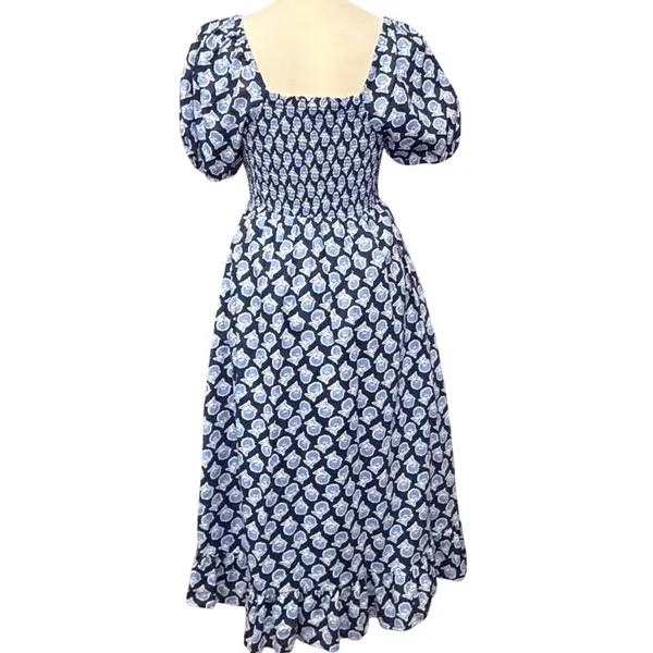 J Crew Smocked Midi Dress Women S Blue White Floral Puff Sleeves Cottage Boho - Image 3