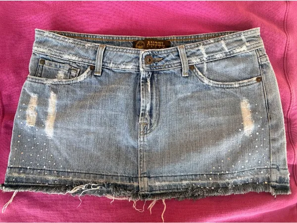 Angel Denim | Light Wash Studded Frayed Mini Skirt | L - Image 7