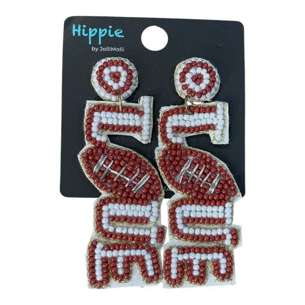 Hippie by JolliMolli Football LOVE Beaded Earrings Womens‎ OS Red White Gameday - Image 3