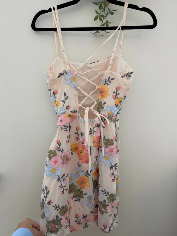 Floral Print Double Strap Mini Bodycon Homecoming Dress Cream / Off-White - Image 4