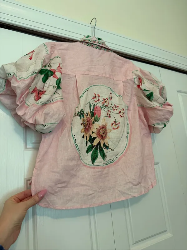 A loves A Pink Floral Button-Up Womens Blouse with Puff Sleeves - Image 5