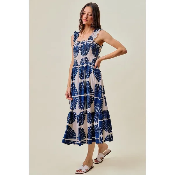 SO ME Abstract Print Smocked Bodice Tiered Lined Midi Dress - Navy - Medium - Image 5