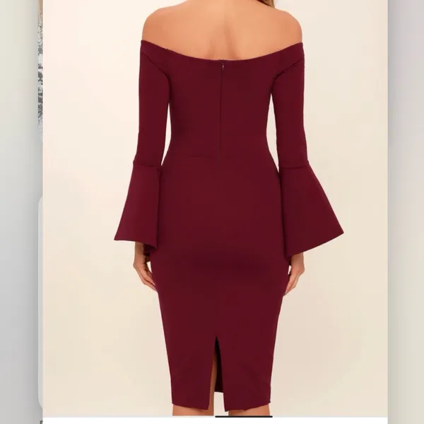 Lulus All She Wants Burgundy Off Shoulder Bell Sleeve‎ Bodycon Midi Dress LARGE - Image 5