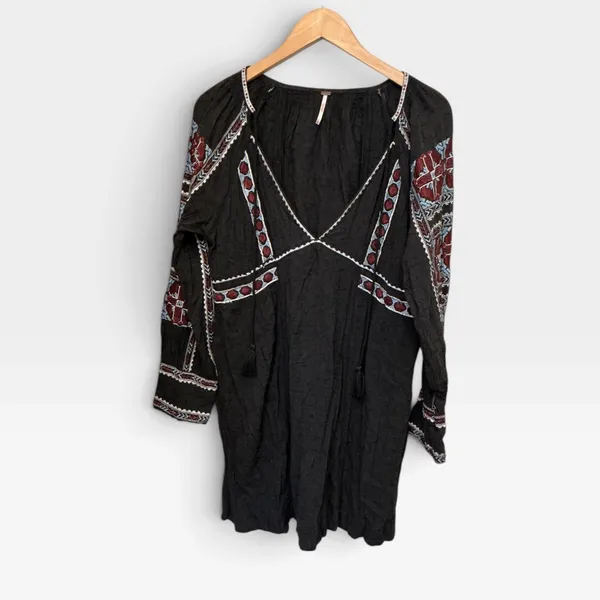 Free People Black Embroidered Mini Dress V-Neck Tassel Boho Gauze Womens Medium - Image 5