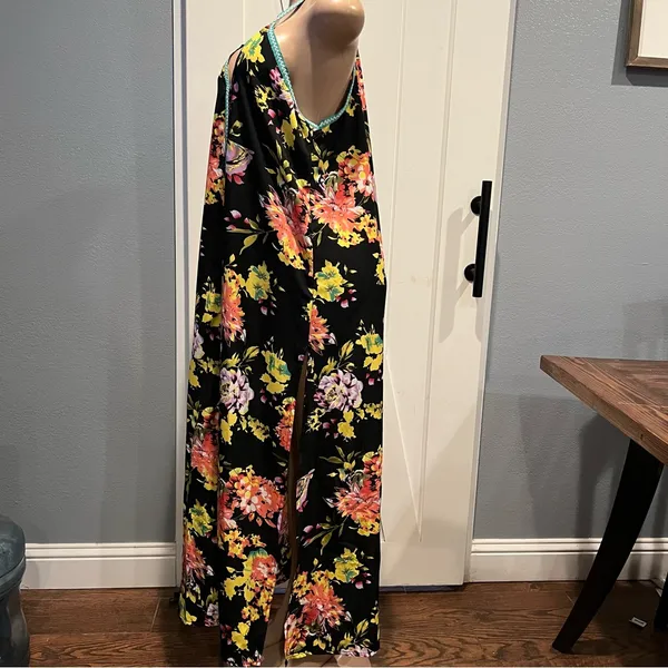 Floral sheer swim coverup Maxi Dress w/embroidery Trim size L high side slits - Image 9