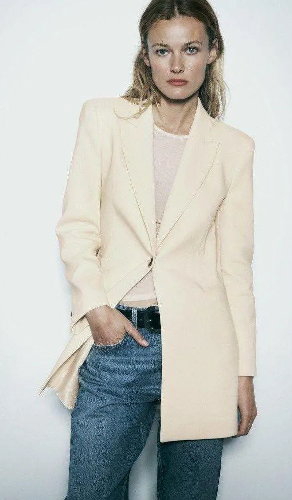 Zara blazer long jacket beige double breasted casual business - Image 2