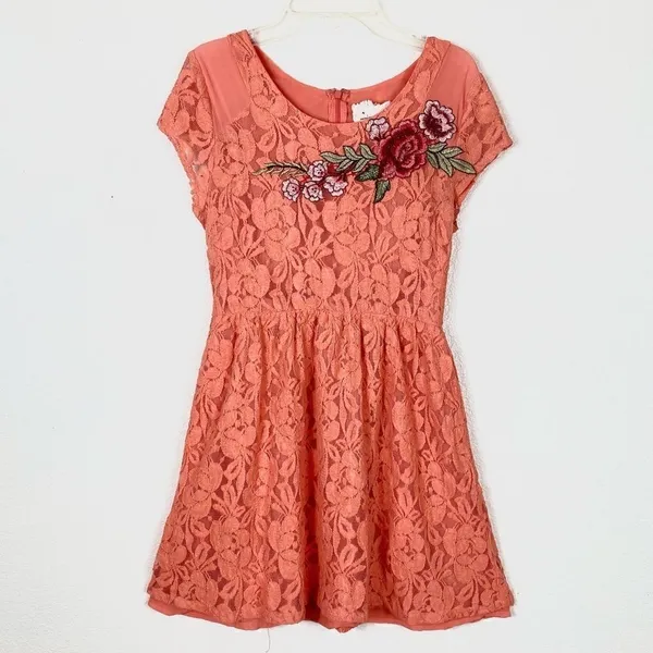 Anthro Orange Floral Embroidered Lace Mini A Line Dress - Image 5