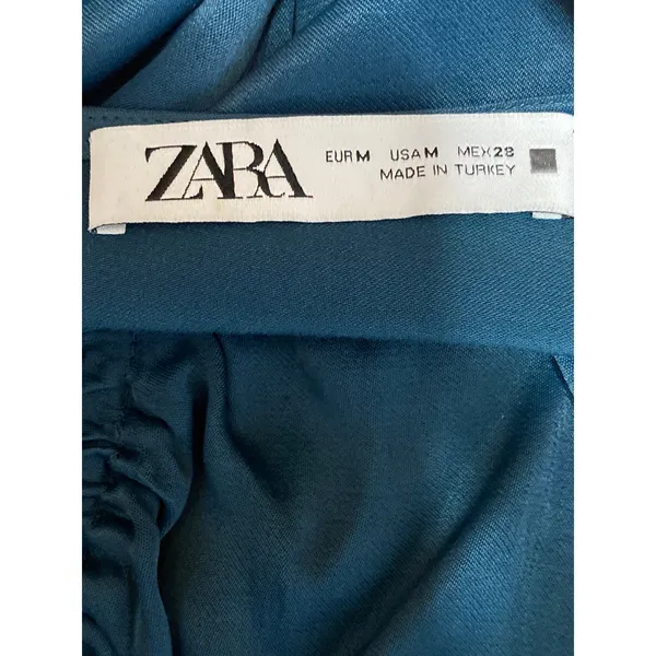 Zara Green Silky Satin Ruched V Neck Long Sleeve Mini Flare A-Line Dress Size M - Image 5